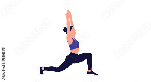 A woman in athletic wear demonstrates a low lunge yoga pose with her arms raised overhead.