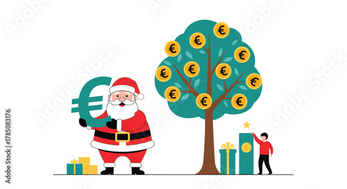 Santa Claus holding a euro symbol near a money tree with gifts and a person reaching for a star.
