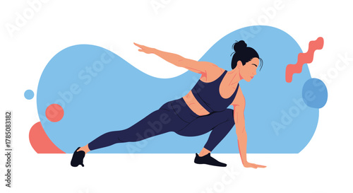 Woman performing a dynamic lunge stretch focusing on flexibility and core strength for a balanced workout routine.