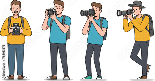 Cartoon photographers with cameras and backpacks vector illustration of male characters taking photos in different poses for creative photography concept.