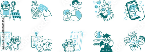 set of doodles, Modern colored Line Art Icons Digital Life, Tech, Social Media, Human Connection for UI UX, Apps, Websites, Marketing