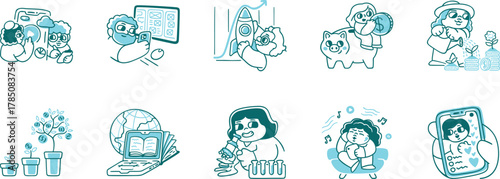 set of doodles, Modern colored Line Art Icons Digital Life, Tech, Social Media, Human Connection for UI UX, Apps, Websites, Marketing