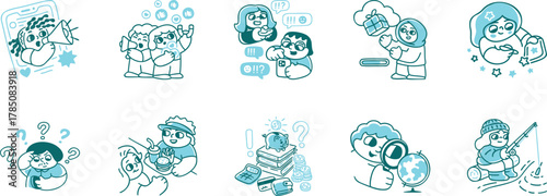 set of doodles, Modern colored Line Art Icons Digital Life, Tech, Social Media, Human Connection for UI UX, Apps, Websites, Marketing