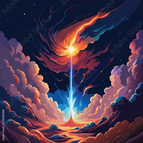 Cosmic Explosion With Fiery Clouds And Starry Sky Keywords: cosmic, explosion, space, nebula