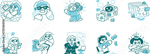 set of doodles, Modern colored Line Art Icons Digital Life, Tech, Social Media, Human Connection for UI UX, Apps, Websites, Marketing