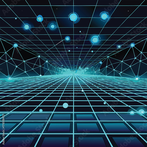 Expansive Neon Grid Landscape With Glowing Orbs abstract