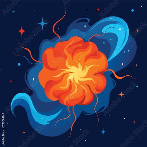Exploding Orange Celestial Object with Blue Cosmic Swirls