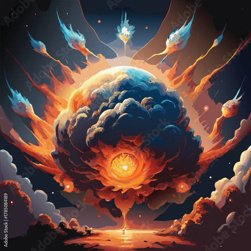 Explosive Celestial Sphere with Fiery Tendrils and Cosmic Clouds