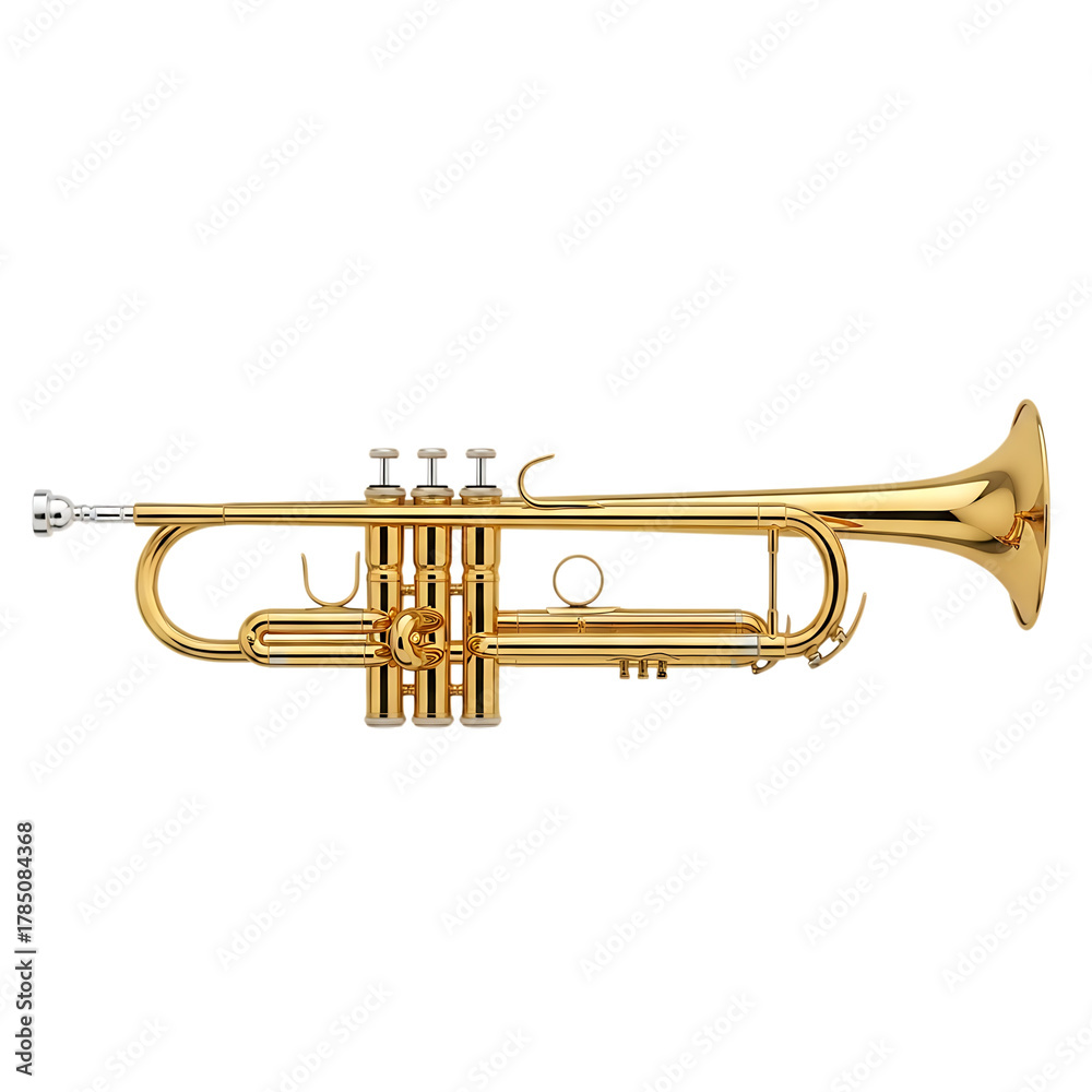 Obraz premium Shiny Brass Trumpet, with Three Valves and Detailed Tubing, cutout, PNG isolated on white or transparent background