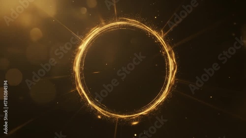 Radiant golden energy circle pulses with shimmering particles in a dark, atmospheric background, perfect for awards or celebrations.