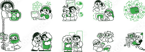 set of doodles, Modern colored Line Art Icons Digital Life, Tech, Social Media, Human Connection for UI UX, Apps, Websites, Marketing