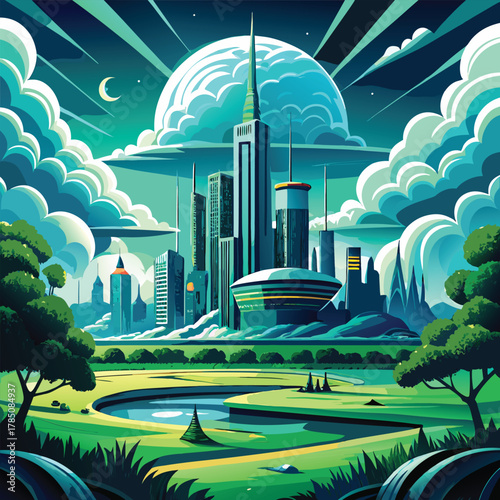 Futuristic Cityscape with Lush Green Landscape and Crescent Moon