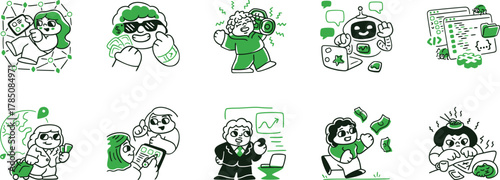 set of doodles, Modern colored Line Art Icons Digital Life, Tech, Social Media, Human Connection for UI UX, Apps, Websites, Marketing