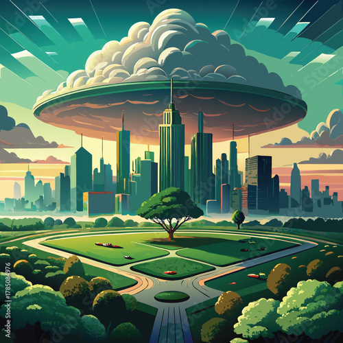 Futuristic city with a giant UFO cloud hovering above