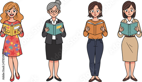 Cartoon vector illustration of diverse women characters reading books, education concept, knowledge, learning, studying, literature, lifestyle, hobby, reading time.
