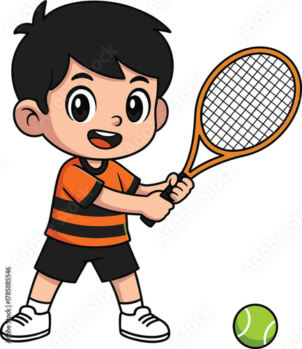 Cartoon vector of young child playing tennis with racket and ball, sports activity illustration for kids education and fitness
