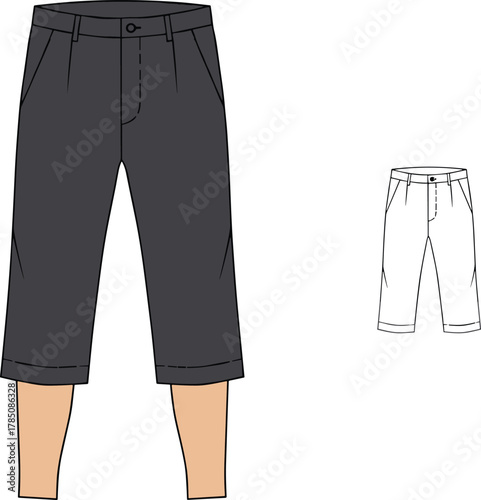 Casual Men’s Dark Gray Cropped Pants Illustration with Pockets, Belt Loops, and Button Closure, Fashionable and Comfortable for Everyday Wear.