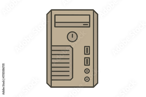 Front panel of a beige desktop computer tower showing ports and power switch