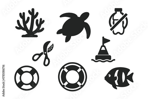Ocean life and marine conservation icons set for sea protection concepts