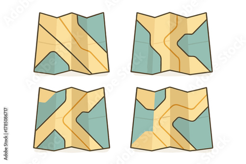 Four folded paper maps displaying road routes and geographic areas