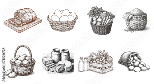 Hand drawn illustration featuring a variety of farm fresh produce, including bread, eggs, potatoes, and salt, isolated on white background