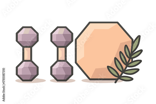 Dumbbells and geometric award plaque with laurel branch icon set