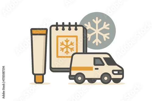 Cold chain logistics icons featuring cosmetic tube and scheduling symbols