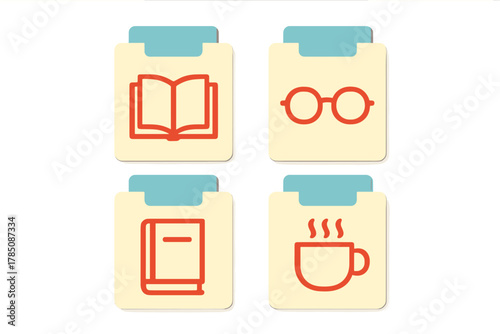 Four stylized icons for study and reading presented on folder tabs