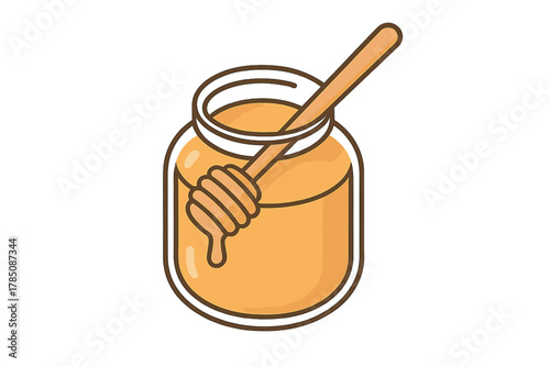 Glass jar of sweet honey with wooden dipper
