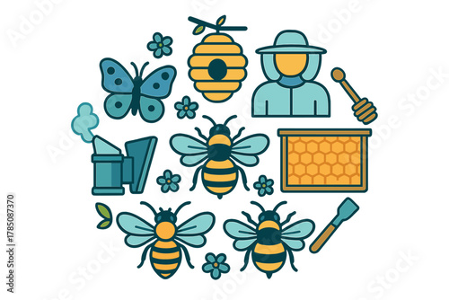 Beekeeping and Honey Production Icon Set Featuring Bees and Butterfly