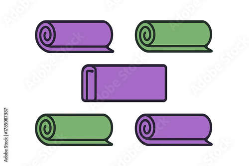 Rolled and unrolled exercise mats in vibrant purple and green colors