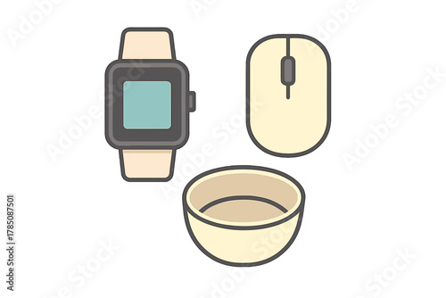 Set of modern icons: smartwatch, computer mouse, and small bowl