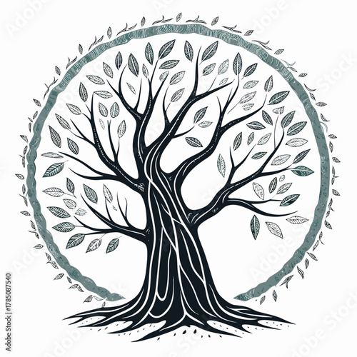 Tree of life with leaves in a circular frame branches