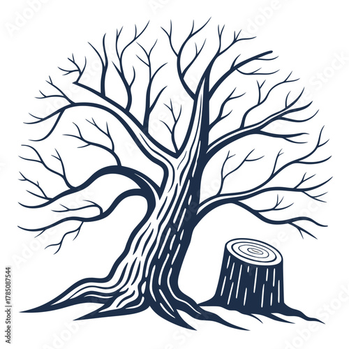 Stylized bare tree with a tree stump on white background winter tree dead tree