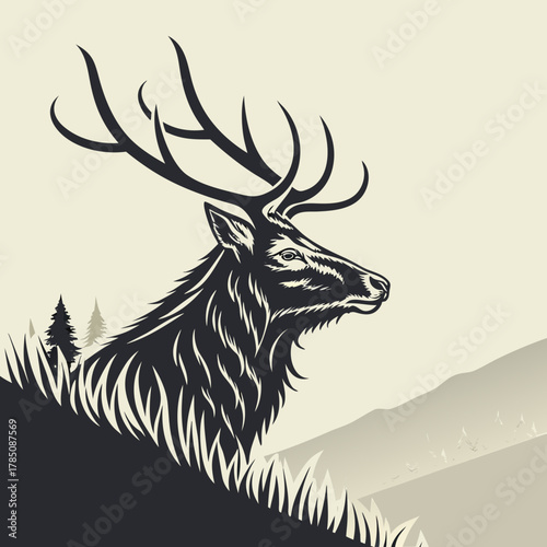 Majestic Stag Silhouette on Grassy Hillside with Mountains Keywords: stag, deer, elk, animal