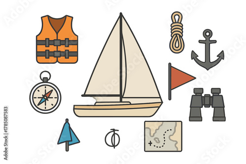 Set of nautical equipment icons featuring sailboat and safety gear