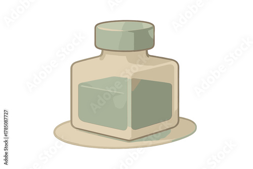 Square glass inkwell with pale green liquid and cap