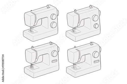 Four isometric outline icons of modern domestic sewing machines in white and gray