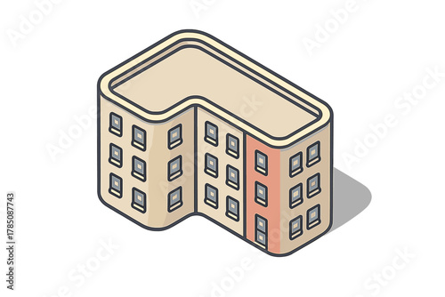Isometric L-shaped apartment building facade with multiple