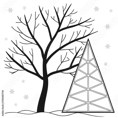 Bare Tree and Geometric Christmas Tree Silhouette in Snow winter tree