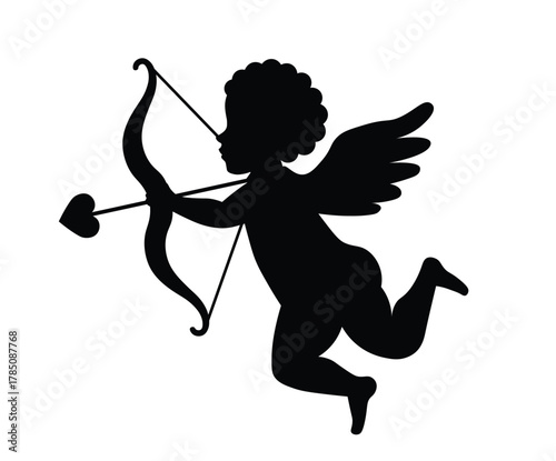 Cupid silhouette with bow and arrow on white background – Valentine’s Day love symbol