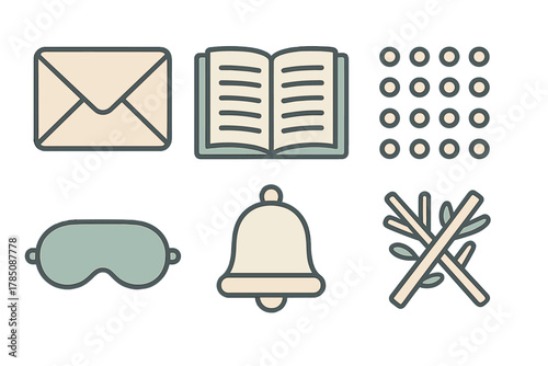 Set of communication, sleep, and notification icons with muted color palette