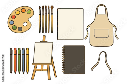 Assortment of art supplies including easel brushes palette and apron