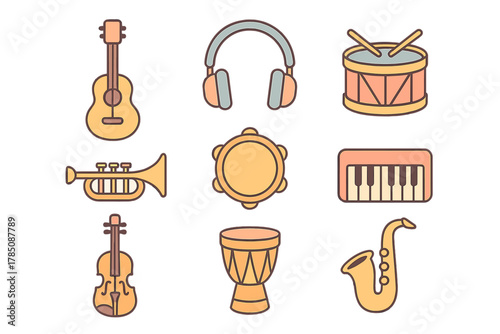 Set of nine stylized musical instrument icons for music concepts