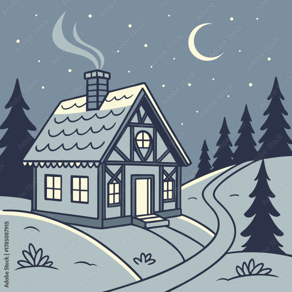 Fototapeta premium Cozy Winter Cabin Scene Under a Crescent Moon and Starry Night Sky house cottage