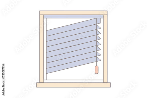 Window with partially opened horizontal slat blinds and pull cord detail