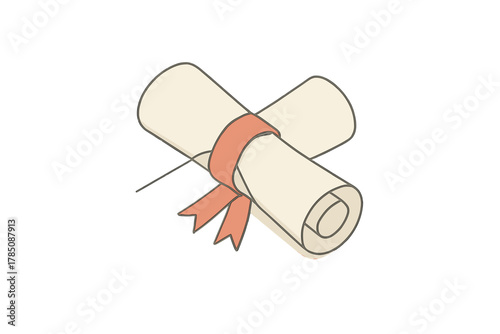 Rolled diploma certificate tied with orange ribbon in isometric perspective