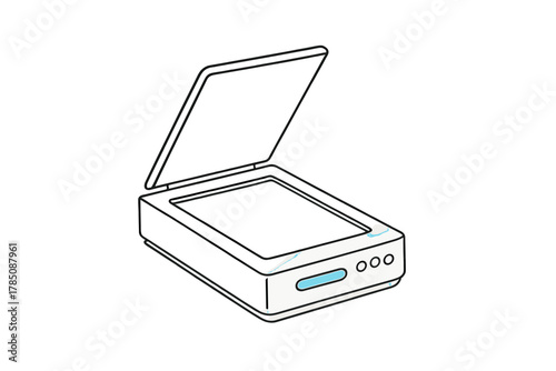 Flatbed scanner device with open lid and illuminated indicator lights