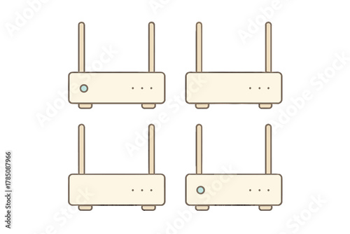 Four wireless internet routers with antennas and glowing indicator lights