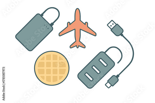 Set of essential travel icons featuring airplane, power bank, and USB connection